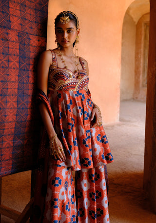 Inaaya rust printed tunic and kali pant set