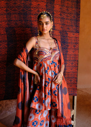 Inaaya rust printed tunic and kali pant set