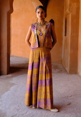 Navya yellow printed jacket and flared pant set