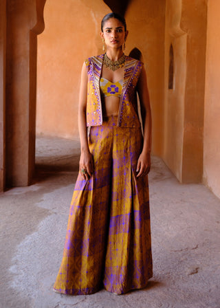 Navya yellow printed jacket and flared pant set