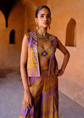 Navya yellow printed jacket and flared pant set