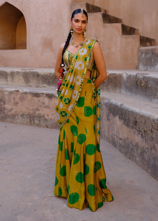 Tara green pre-draped printed sari and blouse