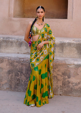 Tara green pre-draped printed sari and blouse