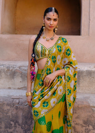 Tara green pre-draped printed sari and blouse