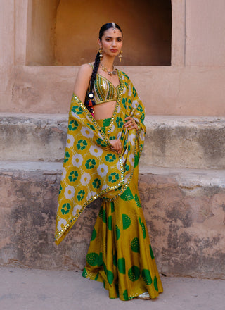 Tara green pre-draped printed sari and blouse