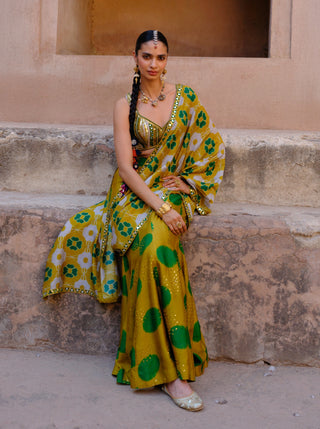 Tara green pre-draped printed sari and blouse