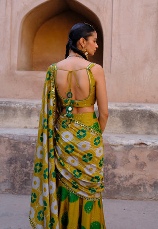 Tara green pre-draped printed sari and blouse