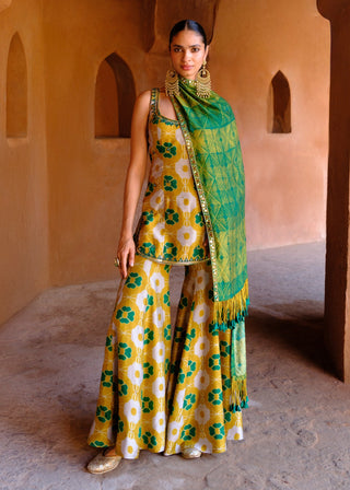 Tara green printed tunic and flared pant set