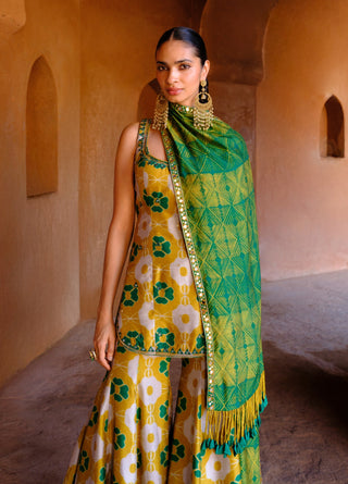 Tara green printed tunic and flared pant set