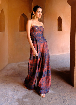 Inaaya rust embroidered printed jumpsuit