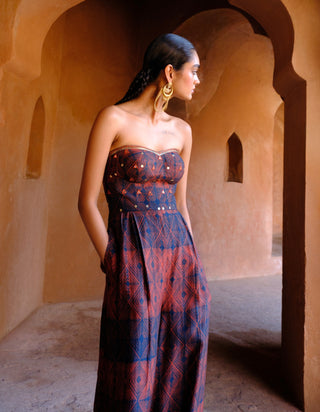 Inaaya rust embroidered printed jumpsuit