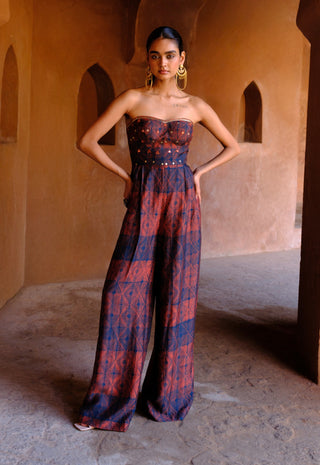 Inaaya rust embroidered printed jumpsuit