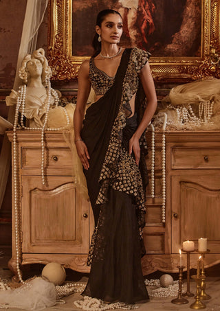 Dayna Black Drape Sari And Blouse by Roqa, available on Indiaspopup.com