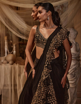 Dayna Black Drape Sari And Blouse by Roqa, available on Indiaspopup.com