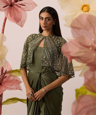 Roqa-Disa Olive Gown And Cape-INDIASPOPUP.COM