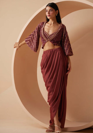 Roqa-Divine Maroon Draped Skirt Set-INDIASPOPUP.COM