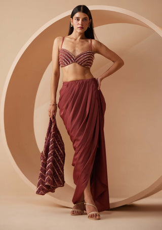 Roqa-Divine Maroon Draped Skirt Set-INDIASPOPUP.COM