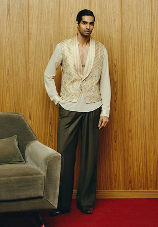 Olive plaid embroidered waistcoat set