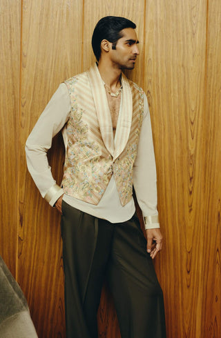 Olive plaid embroidered waistcoat set