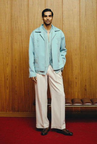 Ice blue embroidered jacket and pant set