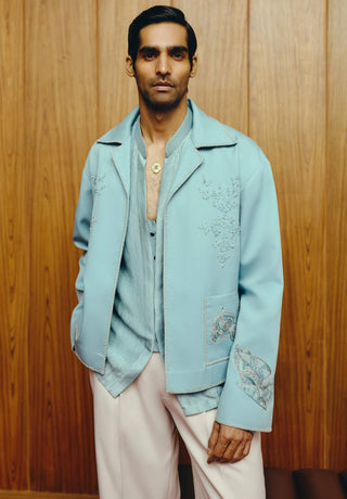 Ice blue embroidered jacket and pant set