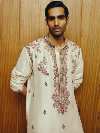 Ivory hand embroidered neckline kurta and pant