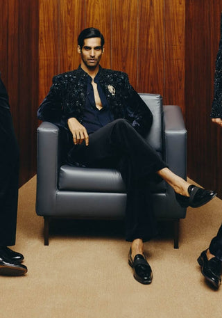 Dark royal blue velvet bead embroidered jacket set