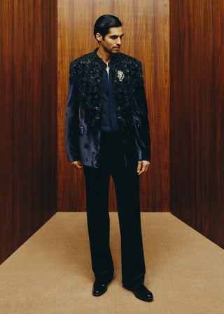 Dark royal blue velvet bead embroidered jacket set