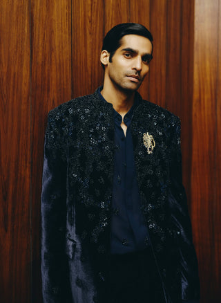 Dark royal blue velvet bead embroidered jacket set