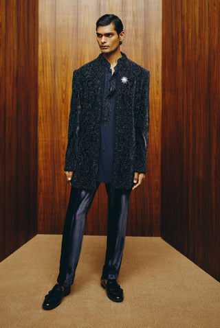 Dark royal blue beadwork velvet open jacket set