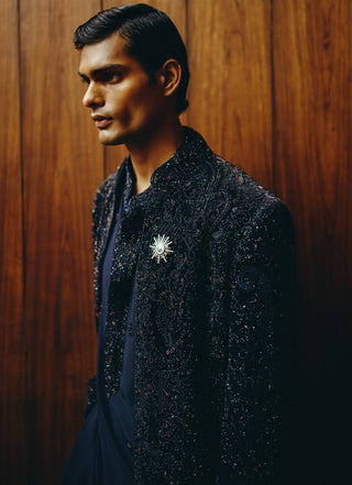 Dark royal blue beadwork velvet open jacket set