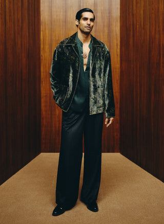 Deep green tonal printed velvet jacket set