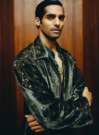 Deep green tonal printed velvet jacket set