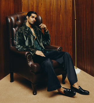 Deep green tonal printed velvet jacket set
