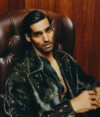 Deep green tonal printed velvet jacket set
