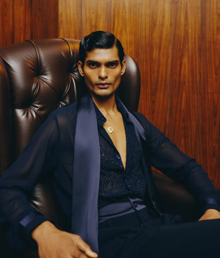 Navy sheer bead embroidery shirt and pant set
