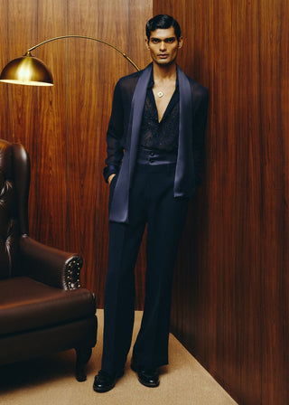 Navy sheer bead embroidery shirt and pant set