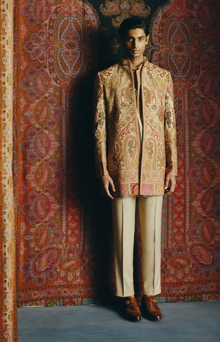 Beige kashmiri embroidered jacket set