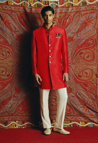 Striking red raw silk achkan set