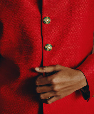 Striking red raw silk achkan set