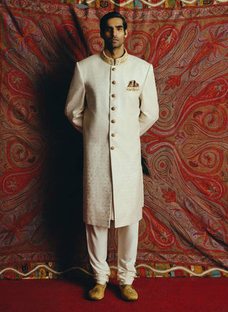 White banarasi achkan and kurta set