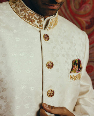 White banarasi achkan and kurta set