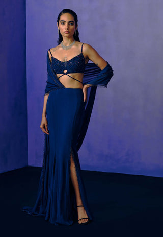 Celestial Cobalt Drape Sari With Blouse