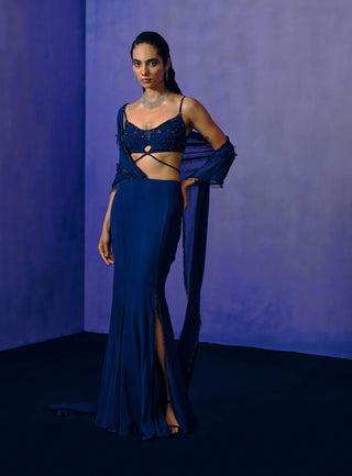 Celestial Cobalt Drape Sari With Blouse