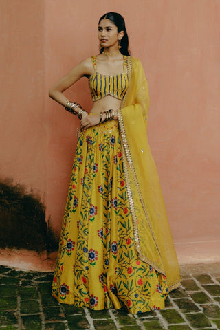 Yellow Mix Printed Lehenga Set by Drishti & Zahabia, available on Indiaspopup.com