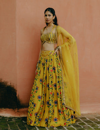 Yellow Mix Printed Lehenga Set by Drishti & Zahabia, available on Indiaspopup.com