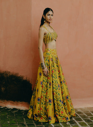 Yellow Mix Printed Lehenga Set by Drishti & Zahabia, available on Indiaspopup.com