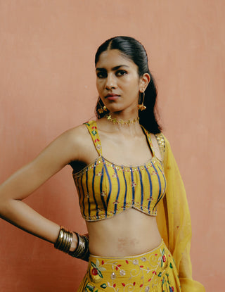 Yellow Mix Printed Lehenga Set by Drishti & Zahabia, available on Indiaspopup.com