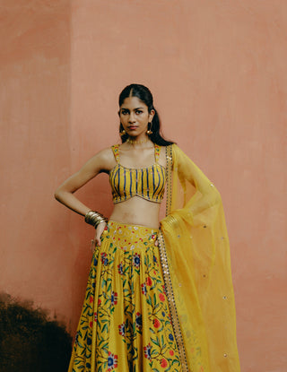 Yellow Mix Printed Lehenga Set by Drishti & Zahabia, available on Indiaspopup.com