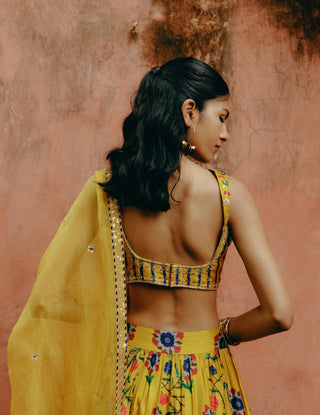 Yellow Mix Printed Lehenga Set by Drishti & Zahabia, available on Indiaspopup.com